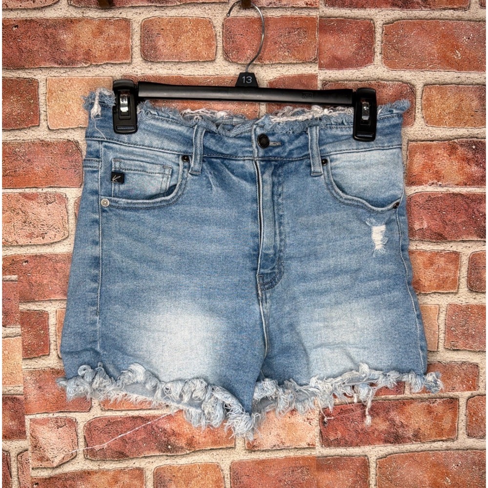 KanCan High Rise Distressed Frayed Hem Denim Shorts Light Wash Blue KC7162M 9/28